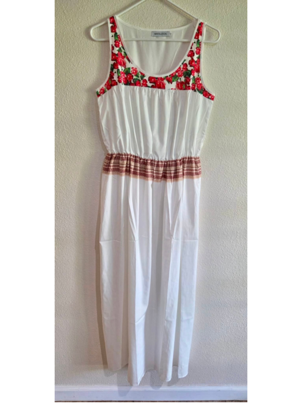 Misslook Floral Border Scoop Neck Sleeveless Maxi Dress White Red Green Small W-